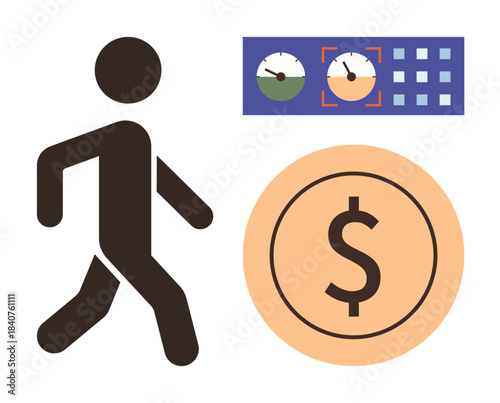 Abstract figure walking near a coin icon and monitoring tools for tracking progress. Ideal for finance, business, time management, motivation, productivity, success, economic growth. Simple flat