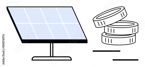 Renewable energy, sustainable investments, eco-friendly solutions, savings, financial growth, clean energy. A solar panel next to a stack of coins. Renewable energy and sustainable investments