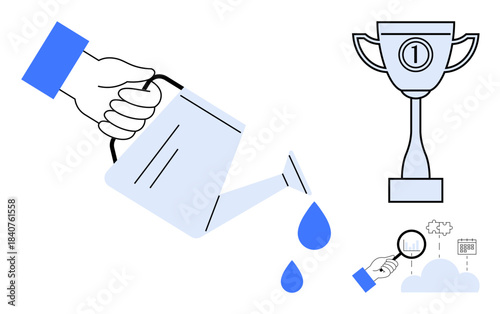 Growth and achievement. Visualizing growth with water, analyzing progress, and celebrating achievement with a trophy. Growth progress and success. For leadership, motivation, progress tracking
