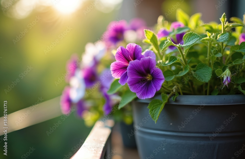 Naklejka premium Purple and pink pansies bloom in pots on a sunny balcony railing. Green leaves and buds surround vibrant violet flowers. Natural light illuminates garden plants.