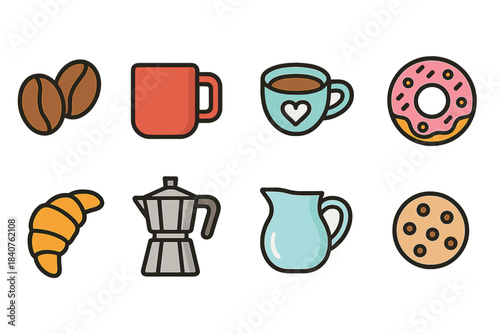 Cafe, beverage flat icon set. Coffee, tea, bakery, breakfast icons collection.