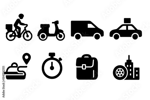Transportation solid icon set. Delivery, vehicle, travel, navigation, bike icons solid collection