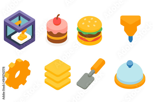 Food and construction 3d icon set. Culinary, building icons in vibrant 3d style