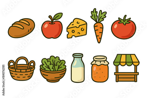 Farmers market filled icon set. Fresh produce, food items for culinary themes.
