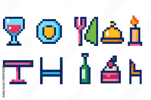 Restaurant and dining pixel icon set. Food, tableware pixel art outline collection