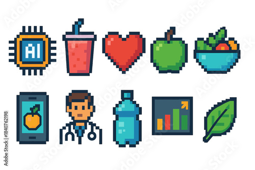 Health and tech pixel icon set. Fitness, nutrition, ai, and wellness pixel icons.