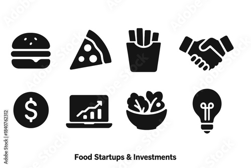 Business and investment solid icon set. Finance, startup, growth icons solid collection