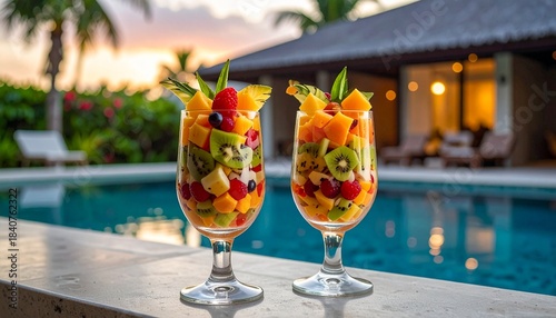 Tropical fruit salad in glass cups with a background of a brick house and a slightly blurred swimming pool with a Christmas theme
