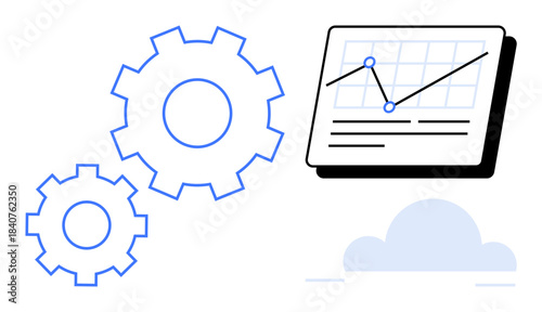 Gears and a graph on a data board representing analytics, optimization, and processes. Ideal for business, technology, workflow, data management, efficiency development innovation. A simple flat