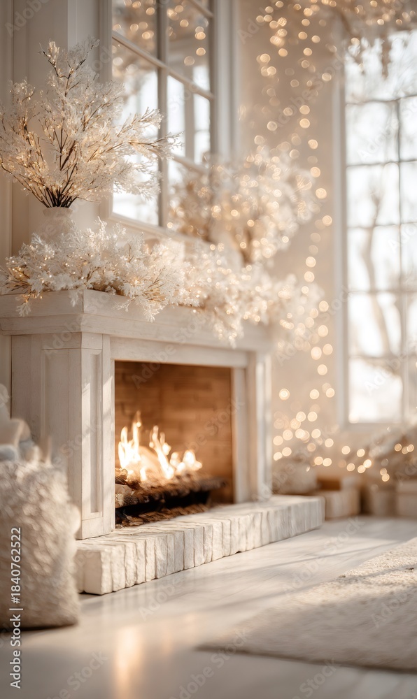 Obraz premium Warm fireplace burning in a living room decorated with winter plants and glowing fairy lights, creating a festive holiday atmosphere
