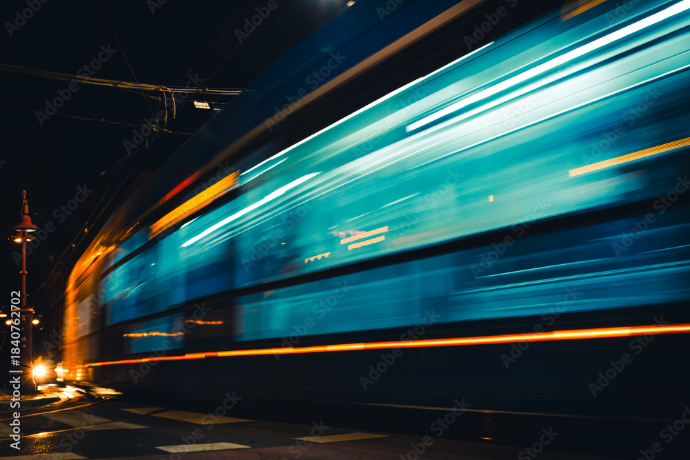 Fototapeta premium light trails of tram on the street at night