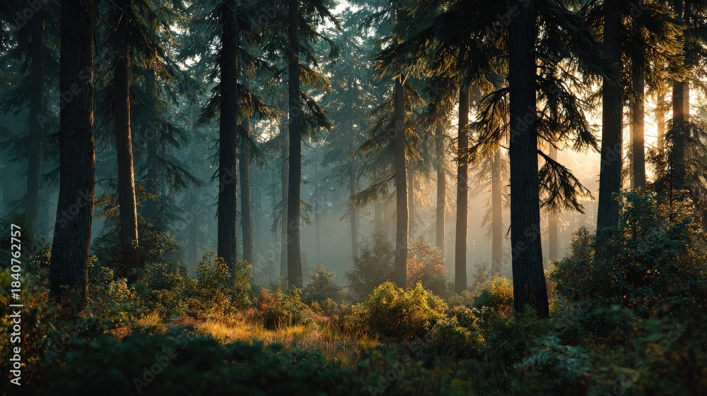 Obraz premium cinematic wide shot of early morning mist in a dense forest, soft golden light piercing through trees, ultra-realistic atmosphere