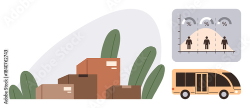 Stacked packages near plants, data chart with demographics, and a transit bus reflect logistics, management, analytics, transportation, shipping, progress and technology. A simple flat metaphor