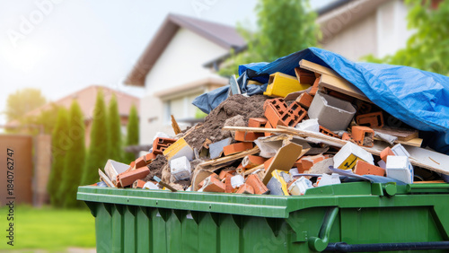 Construction waste in dumpster on backyard during home renovation with debris, bricks, wood, foam insulation, drywall, house remodeling cleanup, residential demolition, discarded building materials