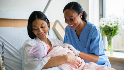 New mother holding newborn baby in hospital bed with smiling nurse beside, maternity care, postnatal support, childbirth recovery, emotional moment in healthcare setting, joyful mother infant bonding