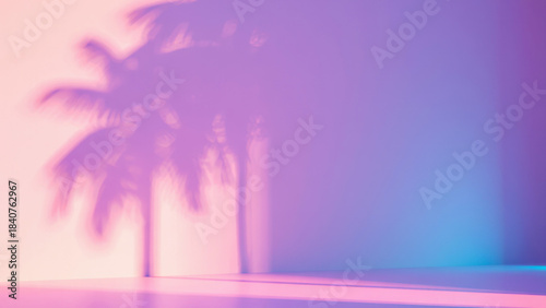 Tropical palm tree shadow on pastel pink and blue wall background with neon light, vaporwave aesthetic, summer vacation mood, minimal abstract scene for branding, design or digital art inspiration