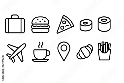 Travel and food icon set: solid style collection for tourism and dining