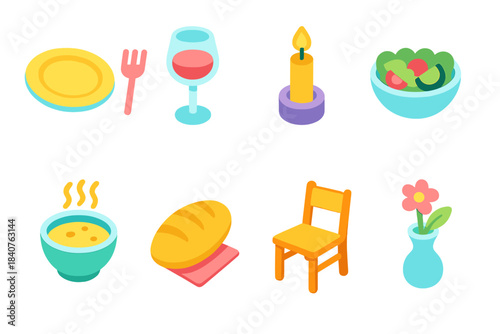 Neon 3d icon set: dining, gardening, home decor, and party essentials