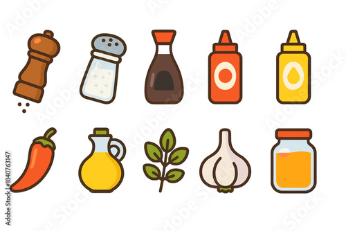 Cooking ingredient flat icon set. Spice, herb, and sauce flat icons for kitchen use