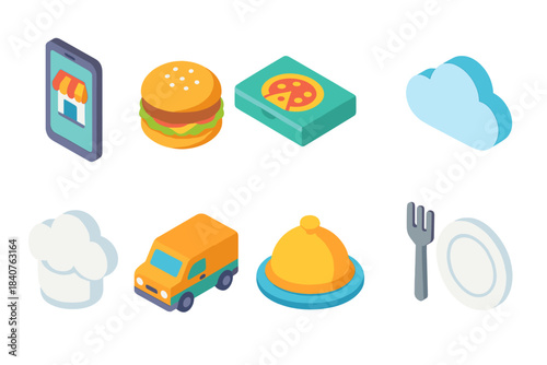 Food and delivery 3d icon set. Restaurant, dining, cuisine icons collection