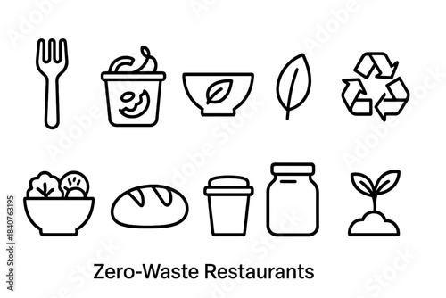 Zero-waste restaurants outline icon set. Sustainability, eco-friendly dining visuals