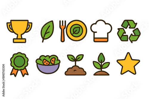 Food and environment flat icon set. Sustainable eating and eco-friendly lifestyle