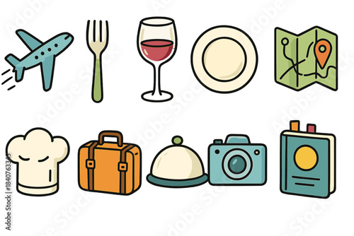 Travel and dining icon set. Flat vector icons for tourism and culinary adventures