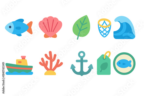 Nature and sea flat icon set. Marine life, leaf, ocean, nautical icons collection.