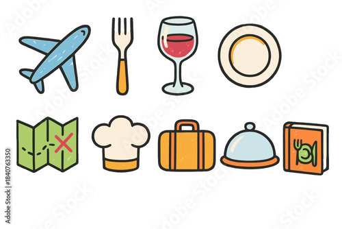 Travel and dining flat icon set. Plane, food, drink, map, luggage, chef icons collection