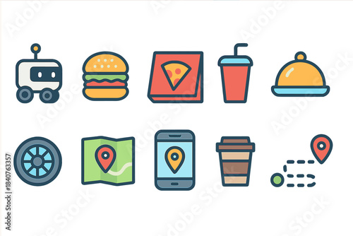 Food and travel filled icon set. Culinary, navigation, delivery icons collection.