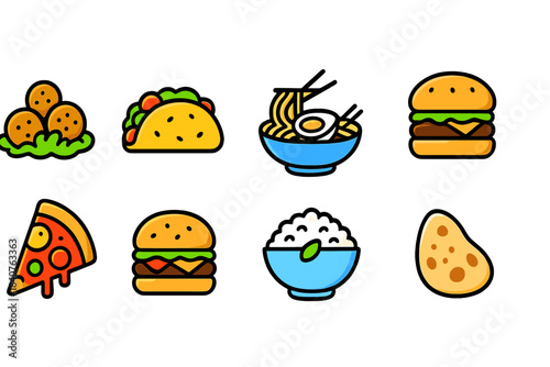 Food and snack flat icon set. Tacos, burgers, pizza, and noodles icons collection