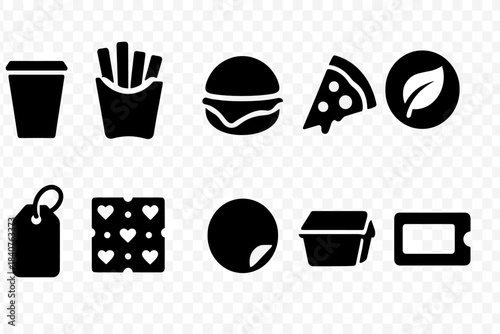 Food and eco silhouette icon set. Fast food, eco-friendly, packaging symbols collection.