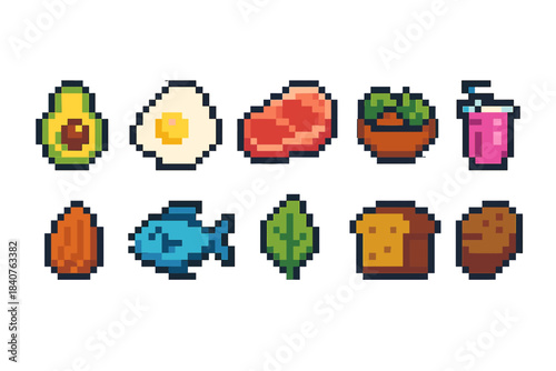 Food and drink pixel icon set. Flat style icons for culinary and beverage themes.