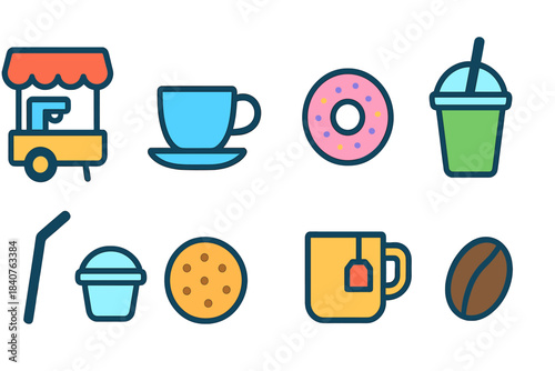 Food and drink flat icon set. Street food, coffee, beverage icons flat collection