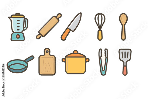 Kitchen utensils flat icon set. Cooking tools and gadgets illustration collection