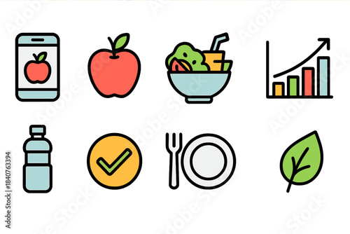 Healthy food icon set. Nutrition, diet, wellness icons set in flat style