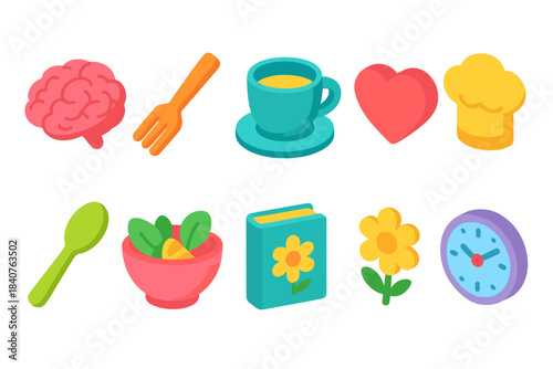 Culinary and wellness 3d icon set. Cooking, health, wellness icons for your project.