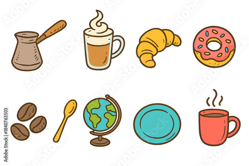 Coffee shop, food and drink icon set. Doodle style, bakery and dessert collection.