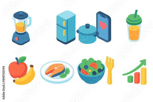 Healthy food and kitchen 3d icon set. Nutrition and cooking 3d icons collection.