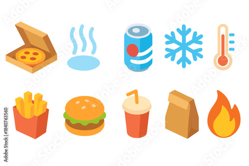 Food and drink icon set: colorful, glowing flat icons for menus and restaurants