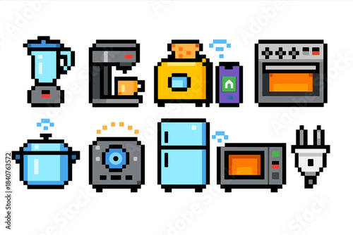 Pixel art kitchen appliances icon set: 8-bit style home appliance icons collection