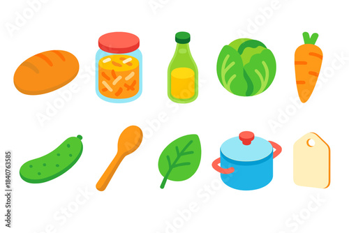 Cooking and kitchen glow icon set. Food preparation and ingredients flat icons