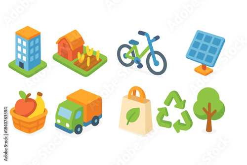 Eco-friendly lifestyle flat icon set: sustainability, renewable energy, recycling visuals”