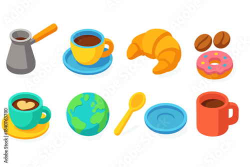 Coffee and bakery 3d icon set. Breakfast and pastry, colorful 3d icons collection