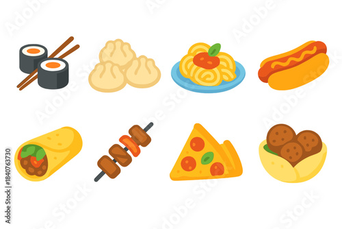 International street food icon set. Global cuisine in a vibrant flat style.