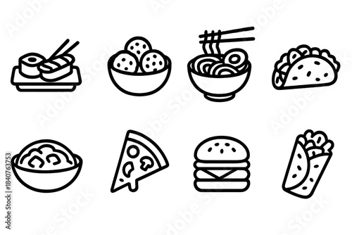 Food and cuisine outline icon set. Sushi, burger, pizza, noodles, taco line icons