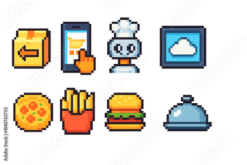 Food delivery vector icon set. Pixel art, flat style with fast food and cloud icons