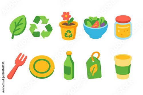 Eco-friendly, sustainable flat icon set. Recycle, plant, nature symbols collection
