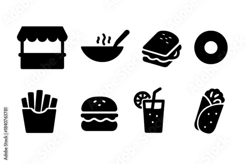 Fast food silhouette icon set. Burgers, drinks, snacks, and more in iconic silhouettes