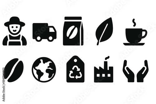 Coffee business silhouette icon set. Farming, sustainability, and trade icons collection